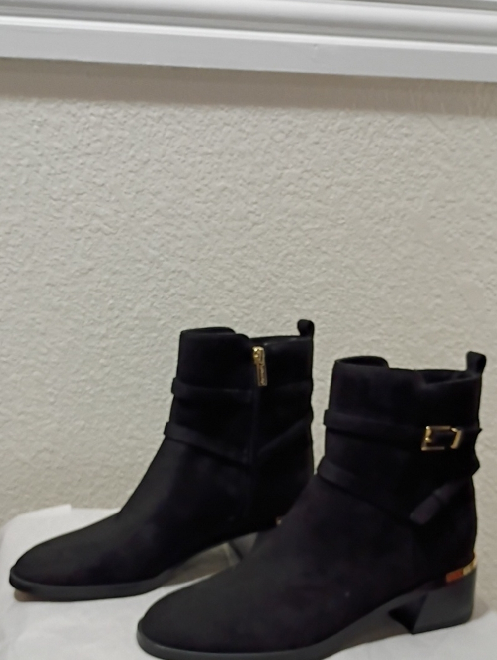NWOB Calvin Klein Black suede Jasen 2 Buckle Strap Booties with Size 8.5 M - Picture 1 of 15